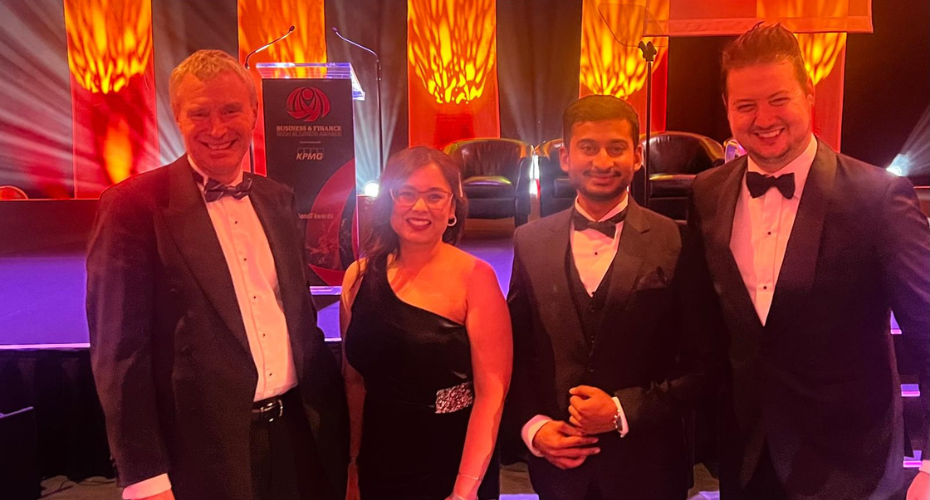 Dean of UCD College of Business, Professor Tony Brabazon; Alumni Ananya Singh and Abhinav Agastya; 2025 B&F Awards UCD Smurfit School Rory O'Sullivan